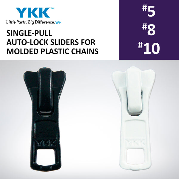 SINGLE-PULL AUTO-LOCK SLIDERS YKK® MOLDED PLASTIC ZIPPERS